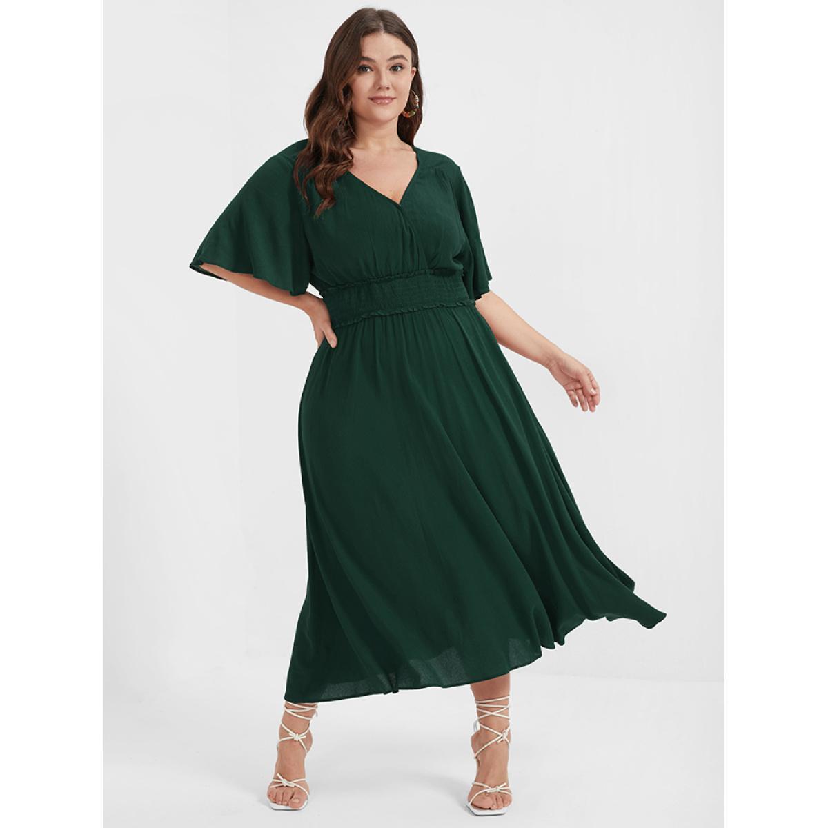 Plus Size Plain Shirred Button Elastic Waist Ruffles Midi Dress DarkGreen Women Elegant Elastic Waist V-neck Short sleeve Curvy Midi Dress BloomChic 28/5X Product Image