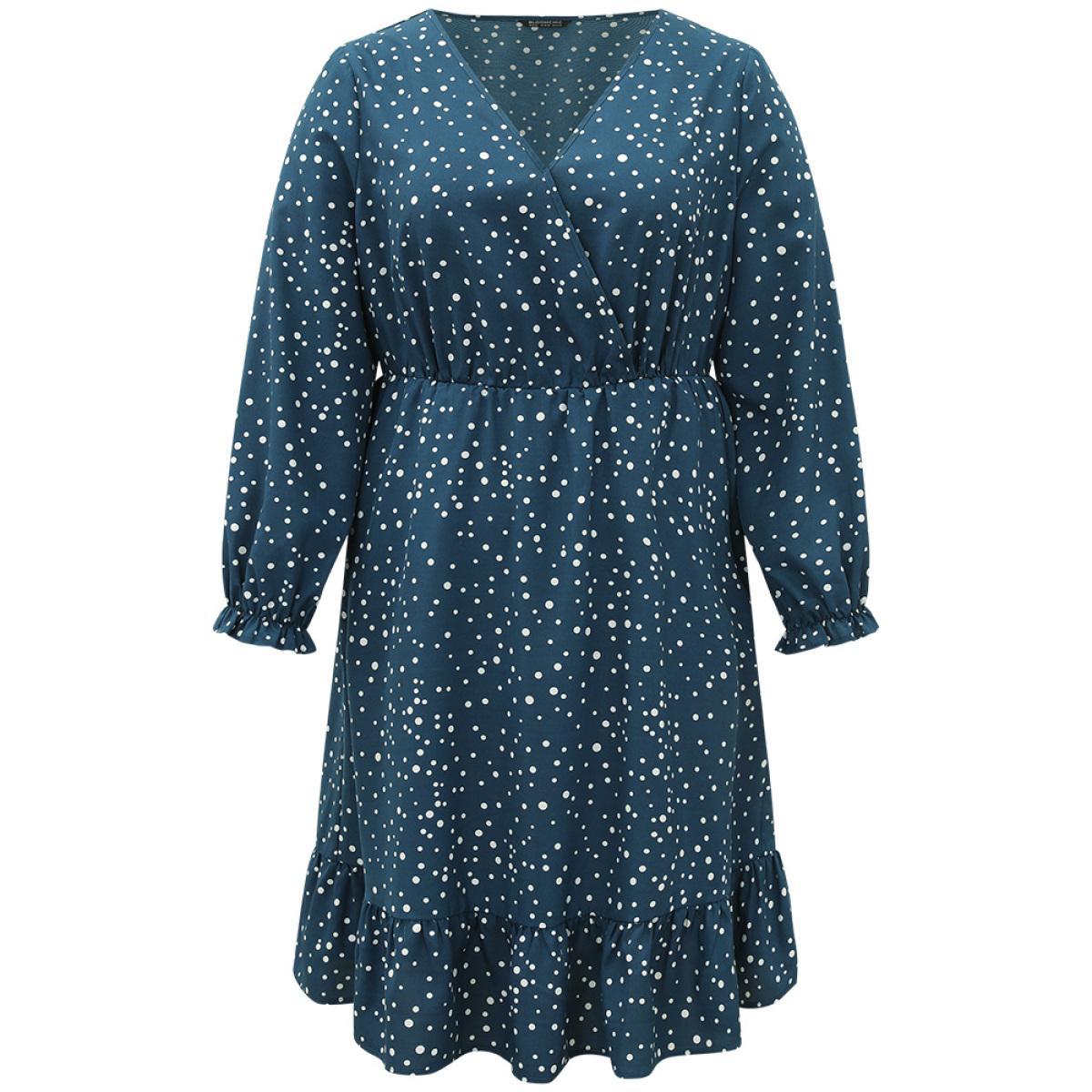 Plus Size Polka Dot Overlap Collar Flutter Trim Dress Aegean Women Elegant Elastic cuffs V-neck Long Sleeve Curvy Midi Dress BloomChic 18-20/2X Product Image