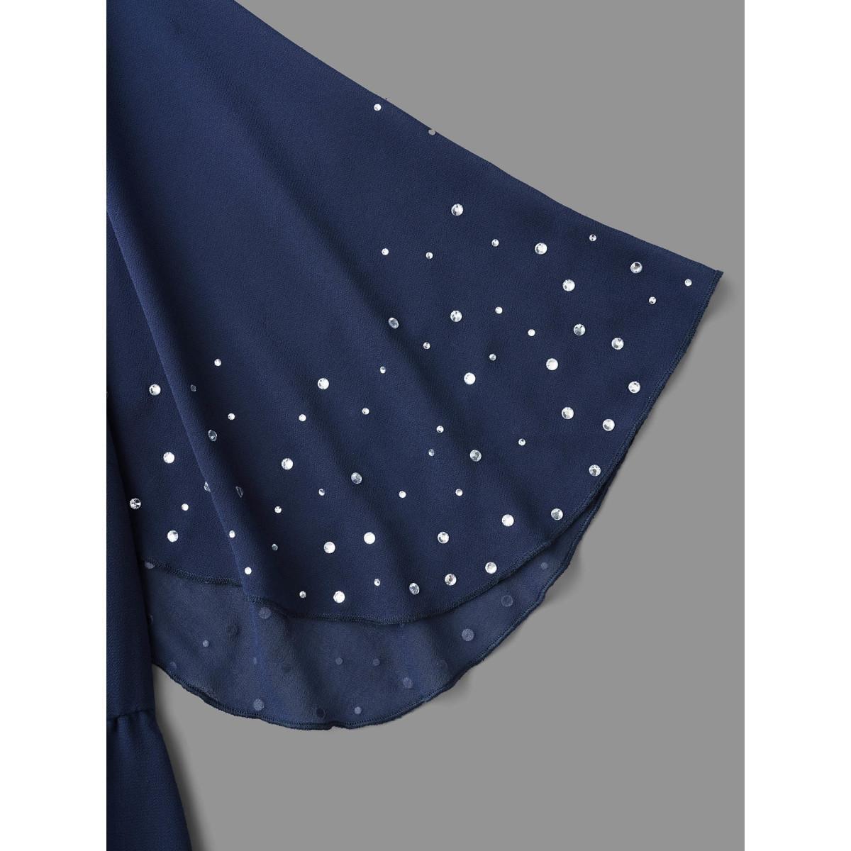 Plus Size Rhinestone Elastic Waist Ruffle Sleeve Dress Navy Women Cocktail Rhinestone detailing Party Curvy Bloomchic 12/L Product Image