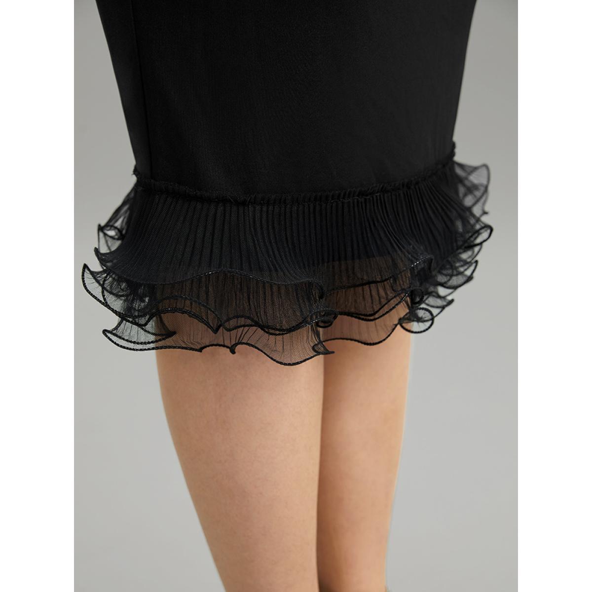 Plus Size Guipure Lace Ruffles Split Hem Bodycon Skirt Women Black Glamour Plain Bodycon Medium stretch Festival-Christmas Skirts BloomChic 12/L Product Image