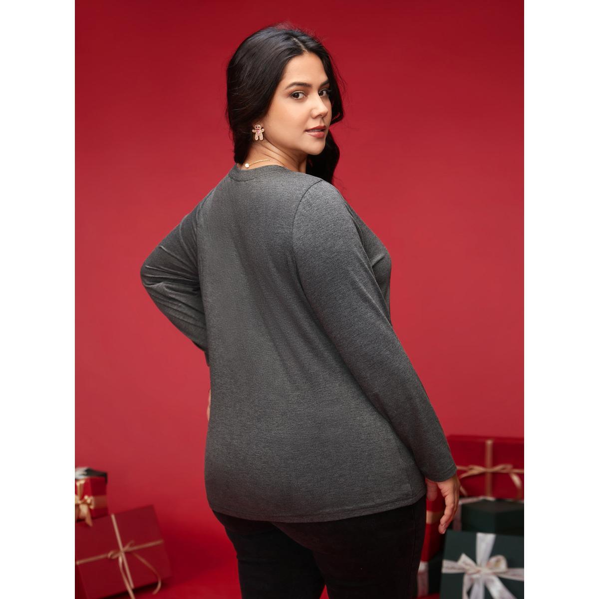 Plus Size Festive Cat And Tree Printed Slim-Fit Tee DimGray Women Casual Non Christmas Round Neck Everyday T-shirts BloomChic 26/4X Product Image