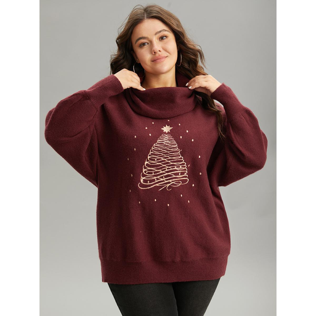 Plus Size Anti-Pilling Christmas Embroidered Turtle Neck Pullover Burgundy Women Casual Loose Long Sleeve Turtleneck Festival-Christmas Pullovers BloomChic 28/5X Product Image