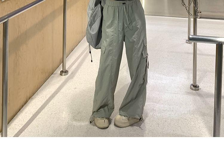 High Rise Plain Drawstring Wide Leg Cargo Pants Product Image
