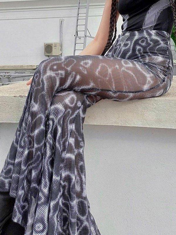 Printed Mesh Stretch Flare Leg Pants Product Image
