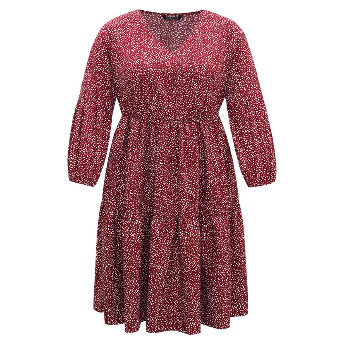 Plus Size Leopard Print Pocket Flutter Hem Dress Burgundy Women Casual Elastic cuffs V-neck Long Sleeve Curvy Midi Dress BloomChic 18-20/2X Product Image