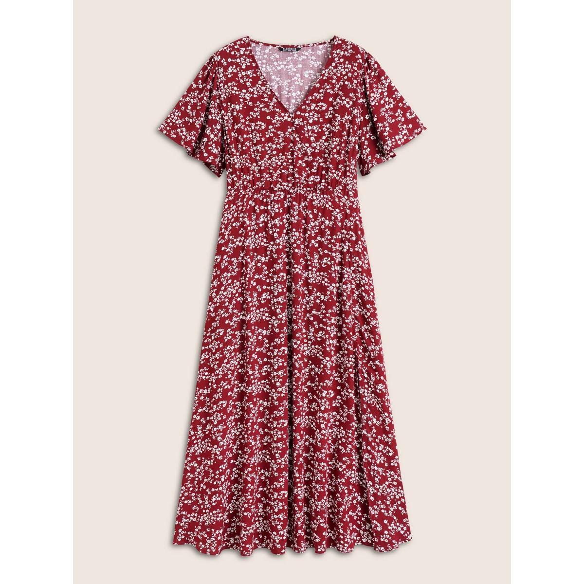 Ditsy Floral Printed Vintage Plus Size Women Vacation Long Dress Ruffle Sleeve Half Sleeve V Neck Pocket Elegance Dresses BloomChic Product Image