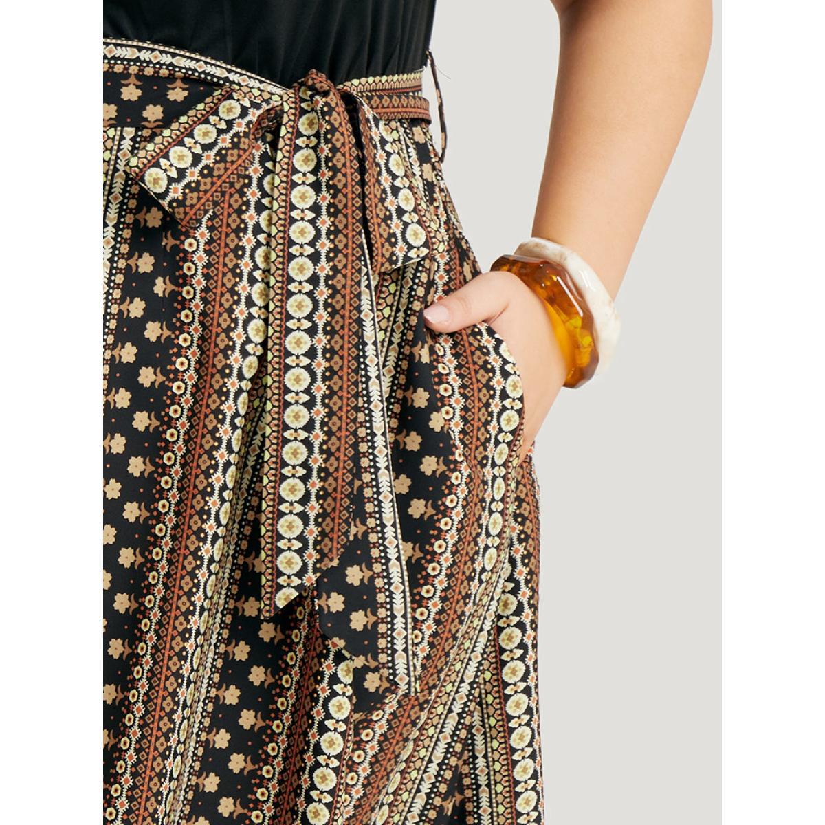 Plus Size Bandana Patchwork Flutter Pocket Belt Cold Shoulder Dress DarkBrown Women Vacation Adjustable Straps Spaghetti Strap Short sleeve Curvy Midi Dress BloomChic 22-24/3X Product Image