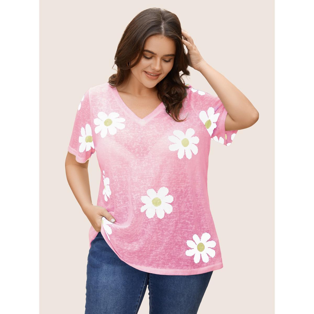 Plus Size Colored Floral V Neck See Through T-Shirt Blush Women Casual See through Art&design V-neck Everyday T-shirts BloomChic 22-24/3X Product Image