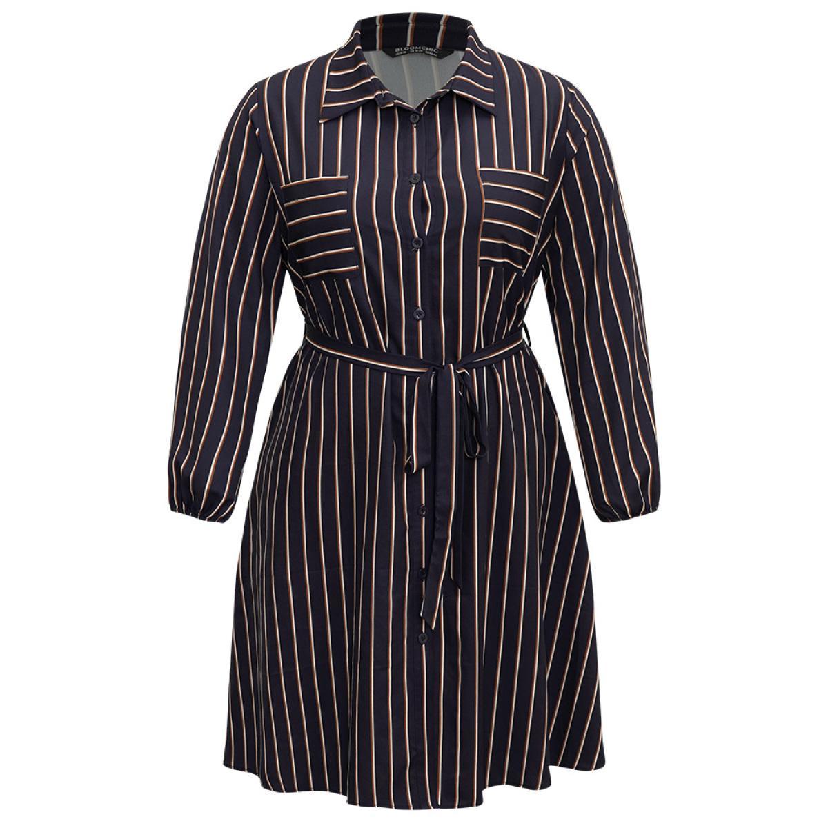 Plus Size Striped Belted Lantern Sleeve Button Through Dress Indigo Women At the Office Belted Shirt collar Long Sleeve Curvy Midi Dress BloomChic 12/L Product Image