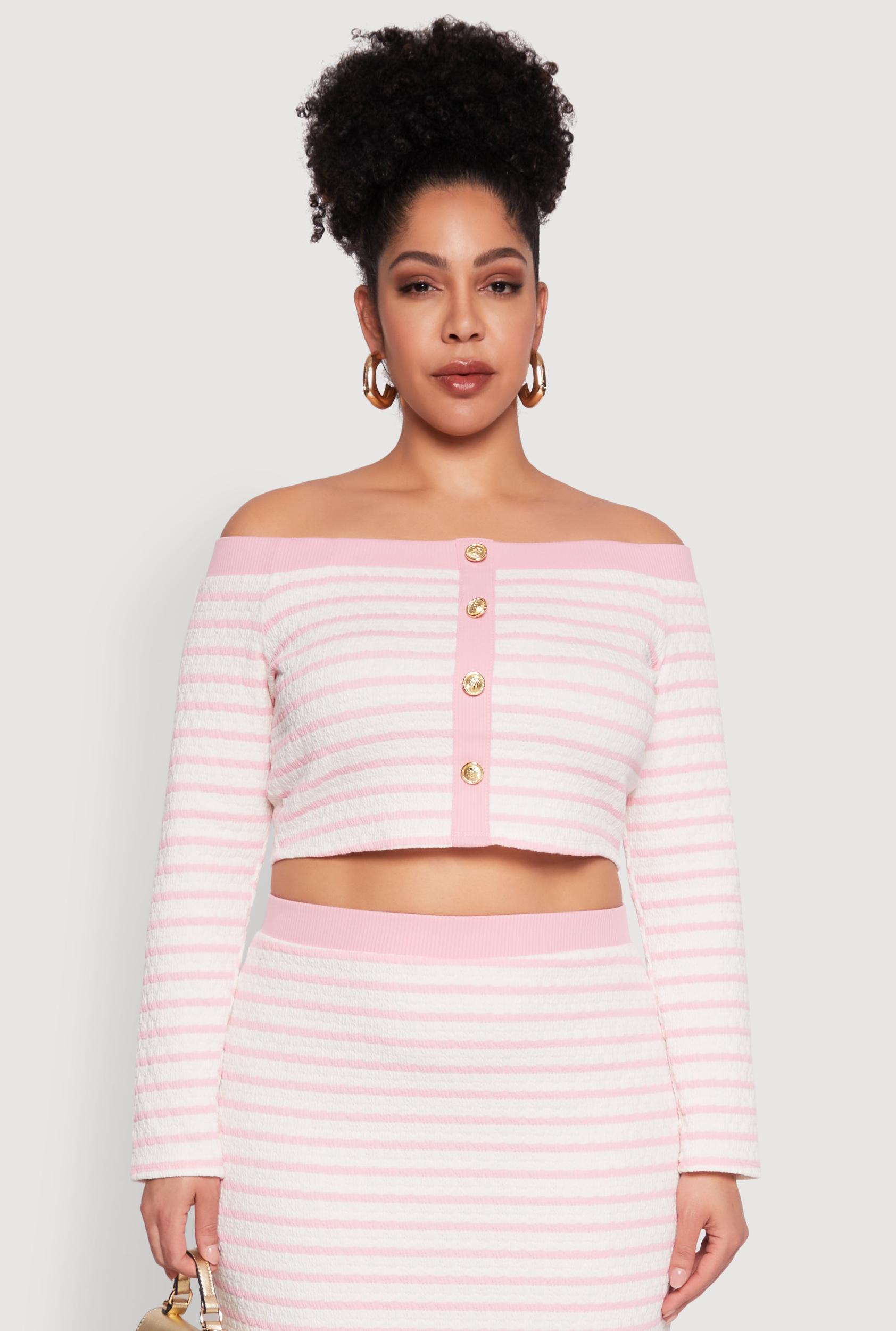 Womens Plus Size Striped Faux Button Off the Shoulder Top Product Image