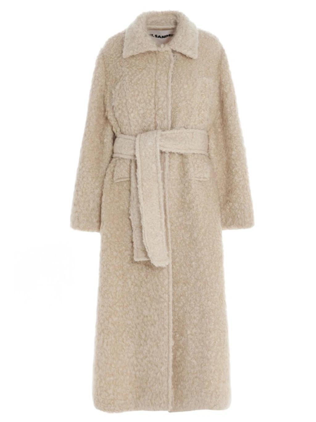 JIL SANDER Textured Concealed Belted Coat In Beige Product Image