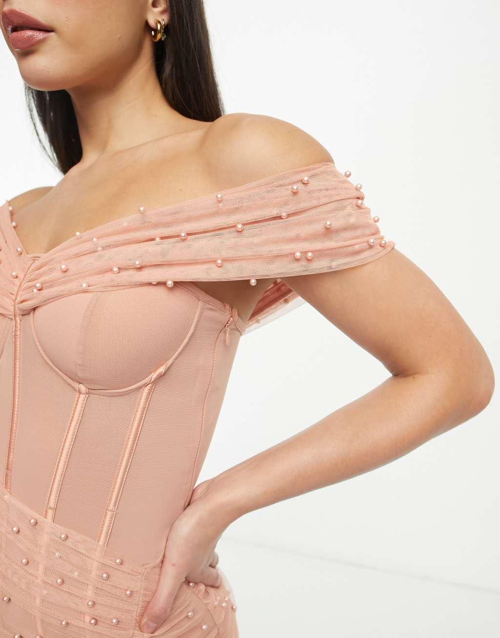 ASOS DESIGN Tall pearl mesh corset bardot midi dress Product Image