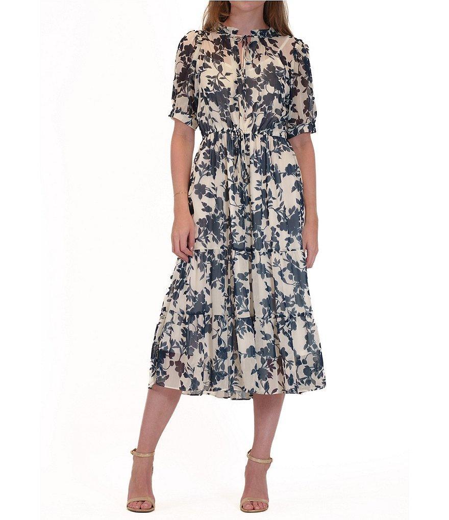 Julia Jordan Split V-Neck Short Sleeve Floral Print Chiffon A-line Midi Dress Product Image