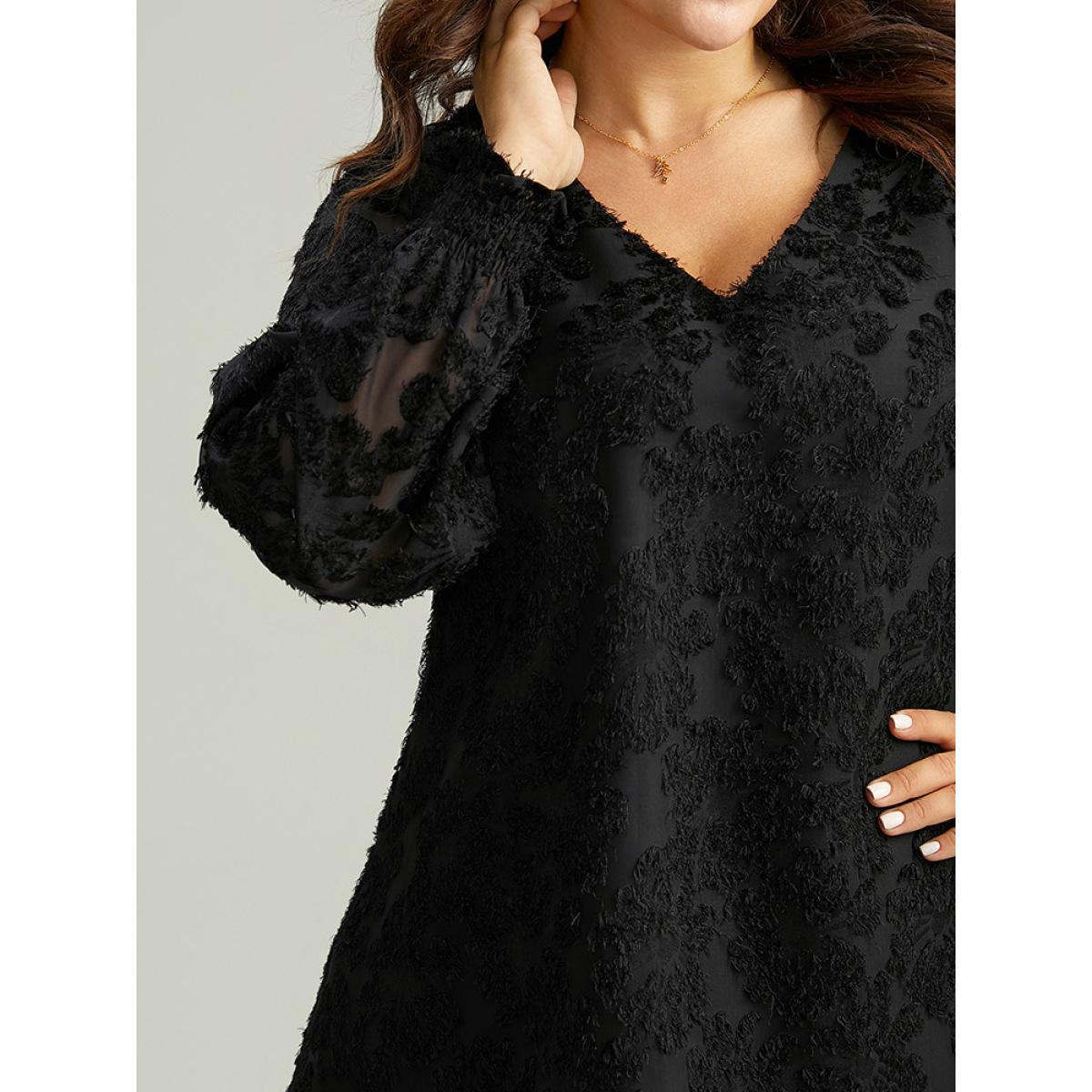 Plus Size Black Plain Appliques Mesh V Neck Shirred Blouse Women Glamour Long Sleeve V-neck Festival-Christmas Blouses BloomChic 28/5X Product Image