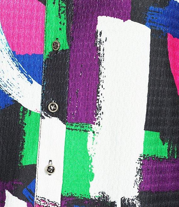 Calessa Petite Size Textured Knit Geometric Multicolor Point Collar Long Sleeve Button Front Tunic Product Image
