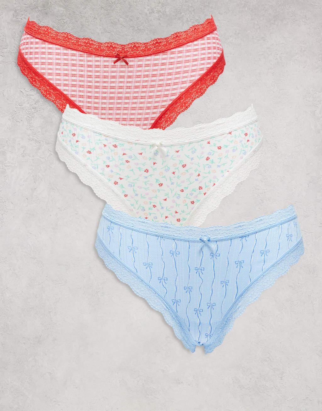 Cotton On 3 pack cotton lace cheeky brief in multi Product Image