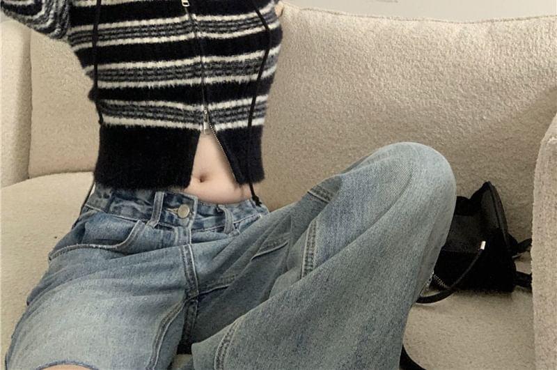 Hooded Zip-Up Striped Crop Top Product Image