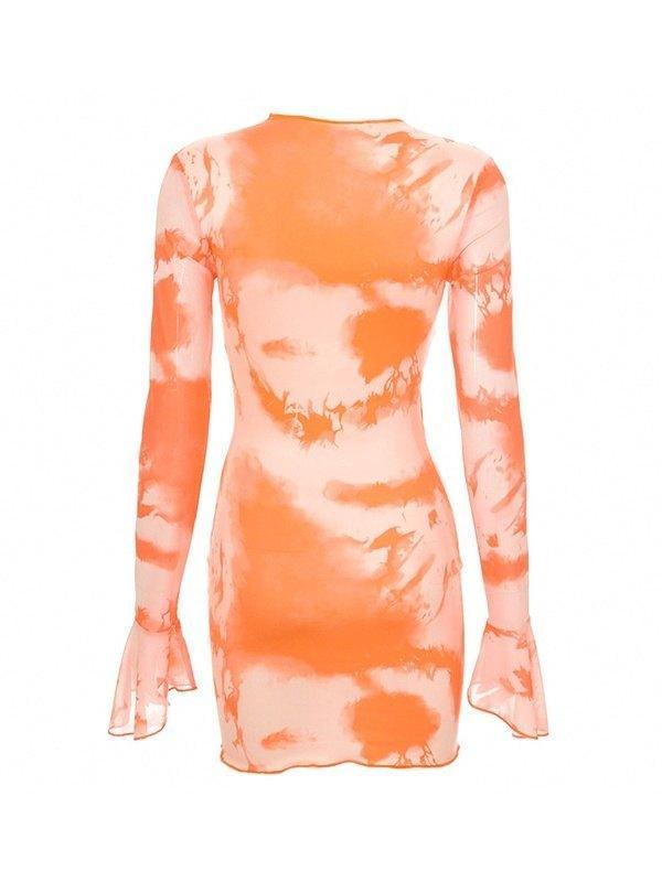 Abstract-Print Flared-Sleeve Tie Dress Product Image