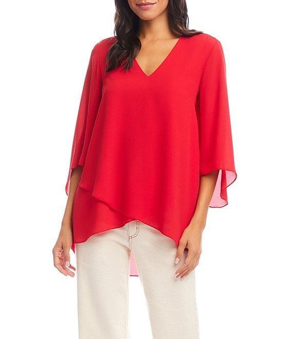 Karen Kane Petite Size V-Neck 3/4 Sleeve Crossover Hem Silky Crepe Top Product Image