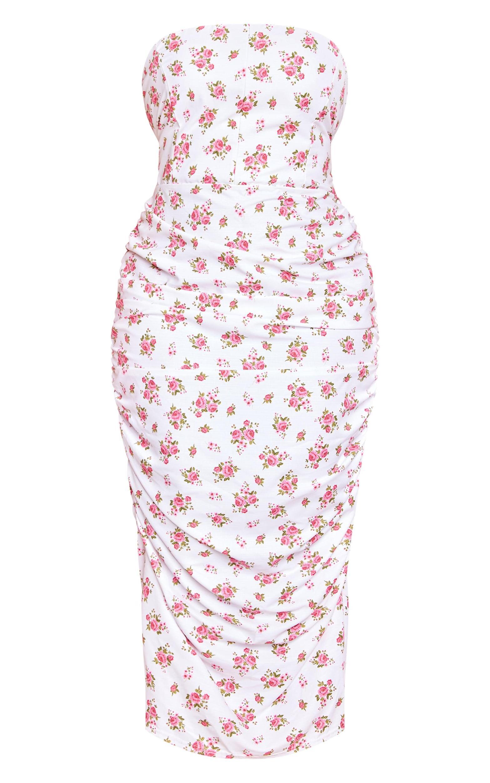 Plus White Floral Print Strapless Corset Ruched Side Maxi Dress Product Image