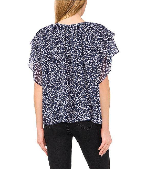 CeCe Woven Floral Print Split Round Tie Neck Ruffle Sleeve Blouse Product Image
