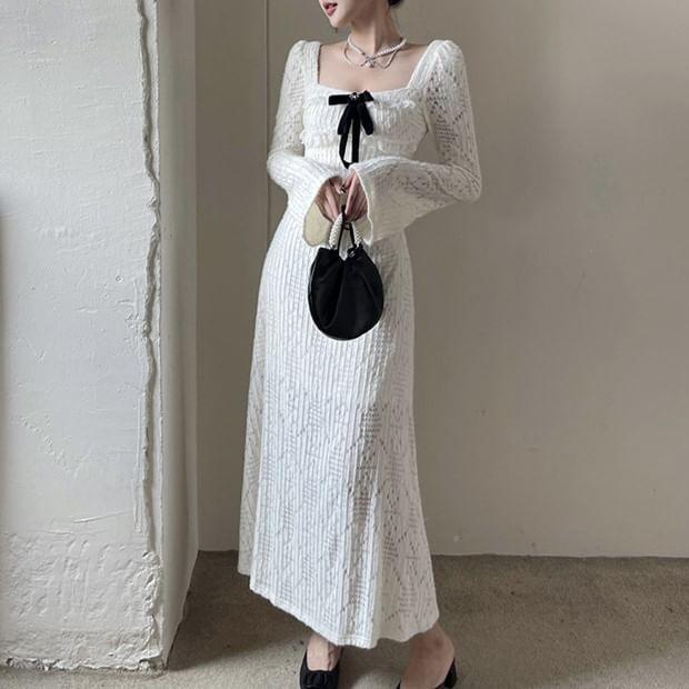 Flared-Cuff Square-Neck Bow Midi A-Line Lace Dress (Various Designs) Product Image