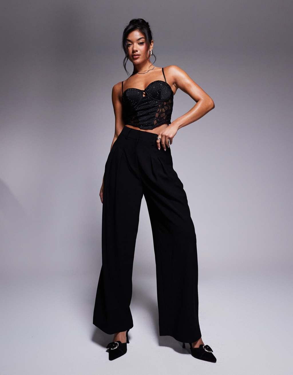 ASOS DESIGN bust cup hotfix corset top with lace panels in black Product Image