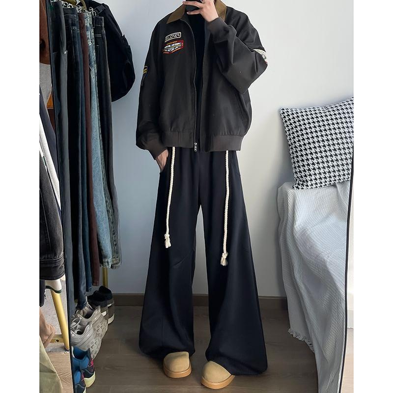 High-Waist Bootcut Drawstring Plain Pants Product Image