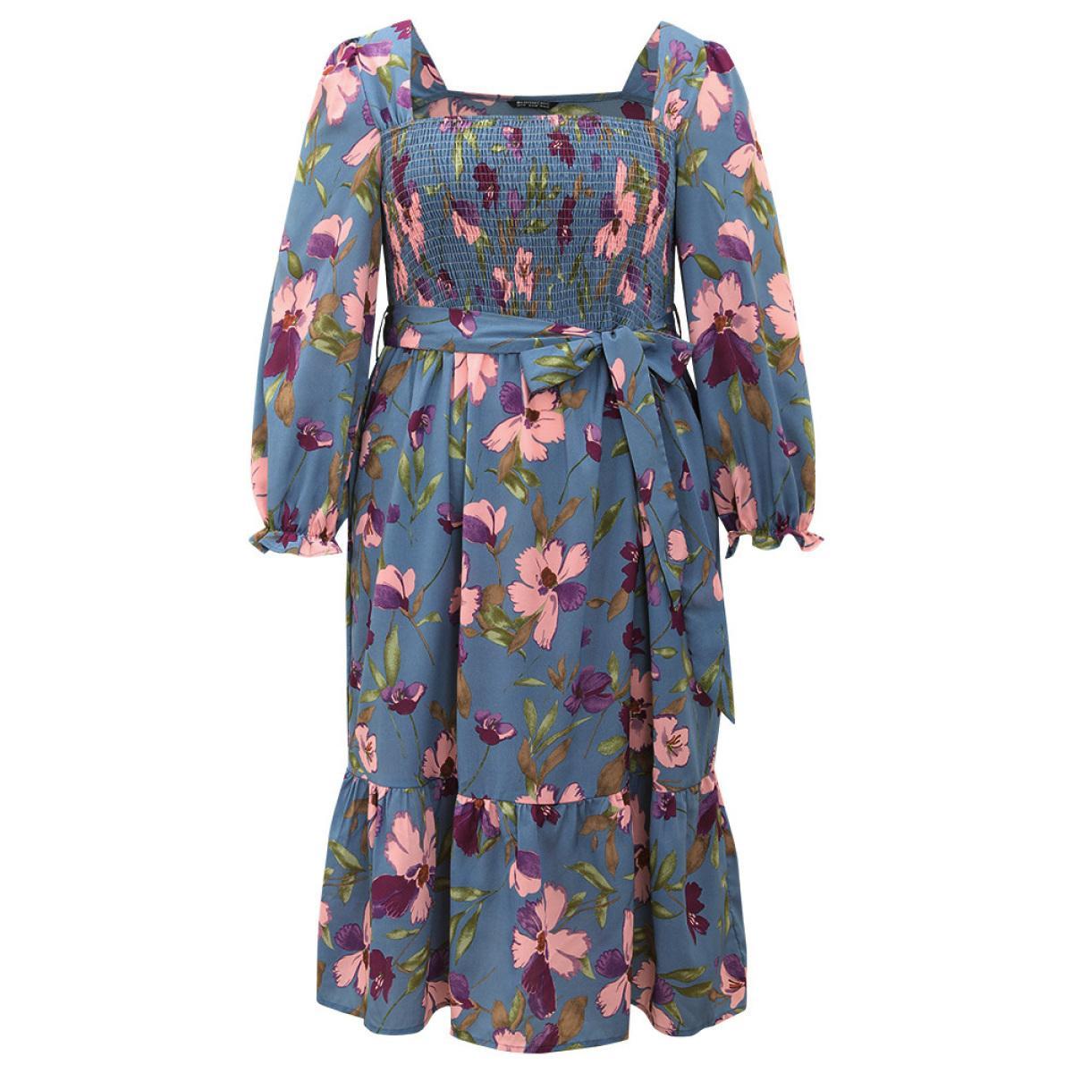 Plus Size Floral Print Puff Sleeve Belted Shirred Dress Stone Women Elegant Elastic cuffs Square Neck Long Sleeve Curvy Midi Dress BloomChic 30/6X Product Image