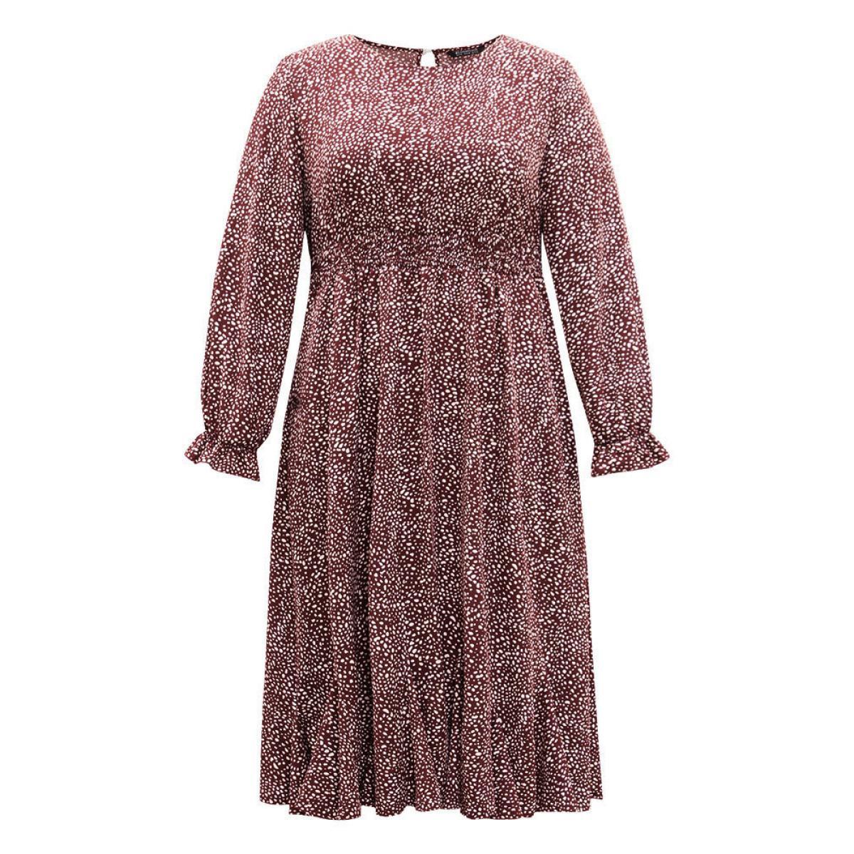 Plus Size Polka Dot Shirred Ruffles Pocket Dress Burgundy Women Casual Printed Round Neck Long Sleeve Curvy Midi Dress BloomChic 14-16/1X Product Image