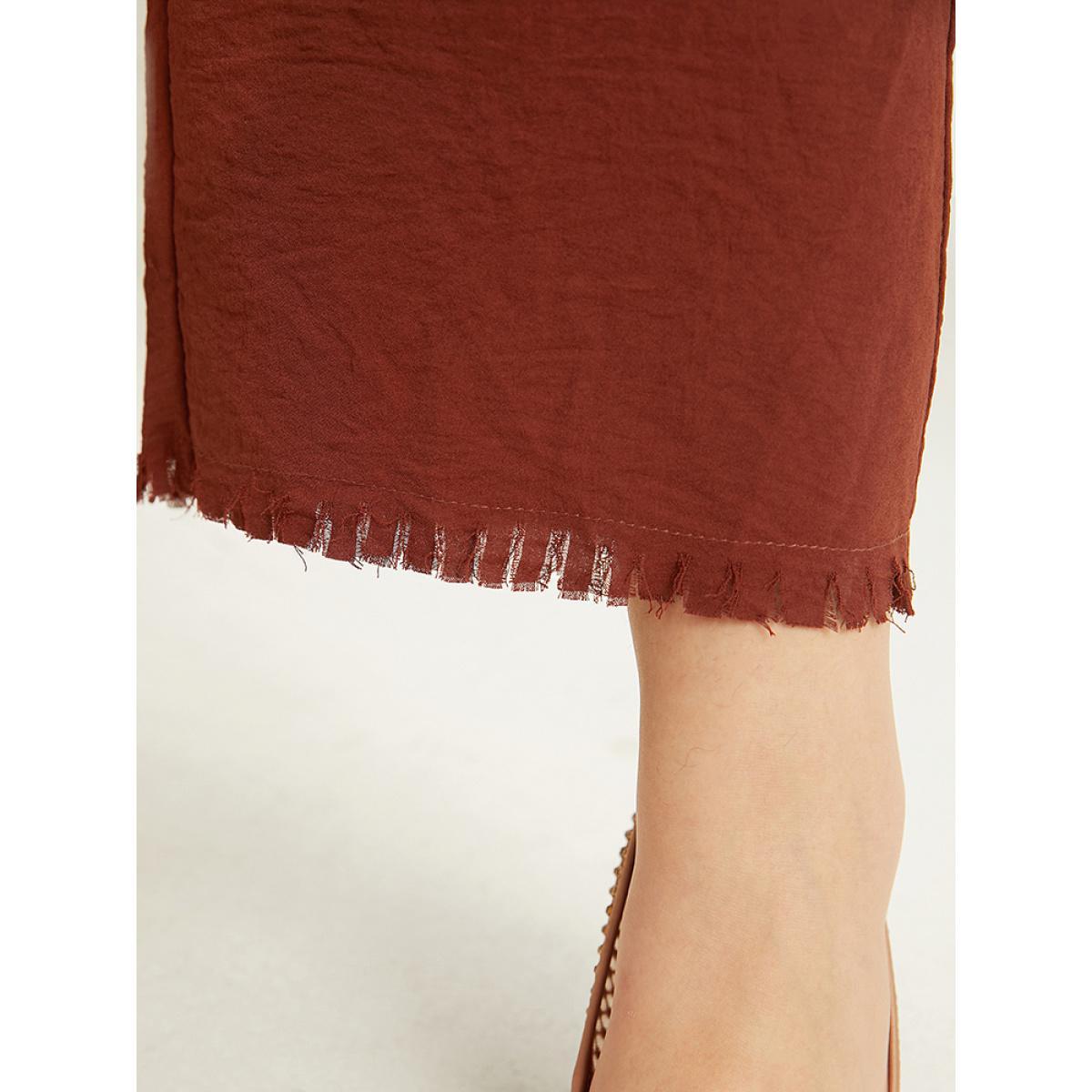 Plus Size Plain Frayed Hem Pocket Bowknot Pants Women Rust Office Straight Leg High Rise Work Pants BloomChic 30/6X Product Image