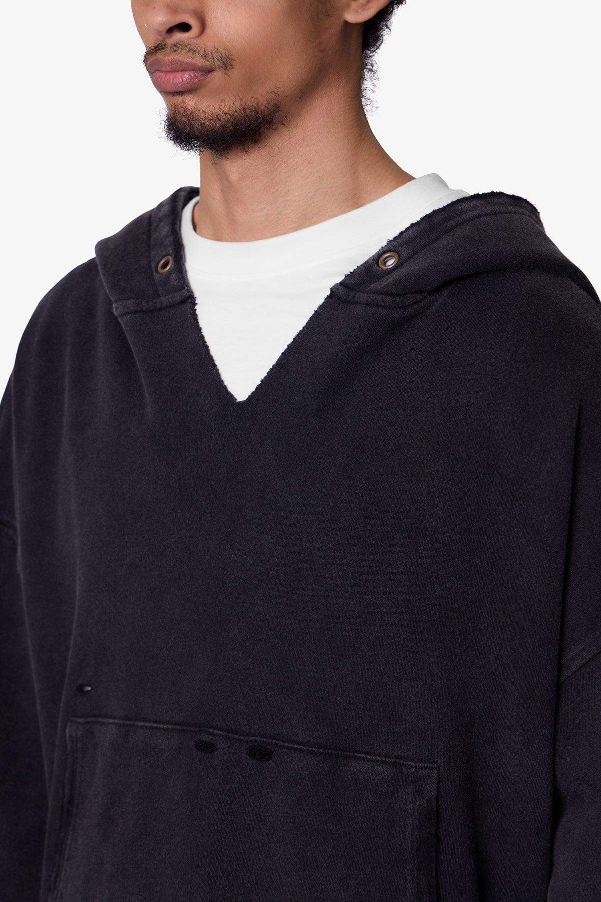 Destroyed V Neck Hoodie - Washed Black Product Image