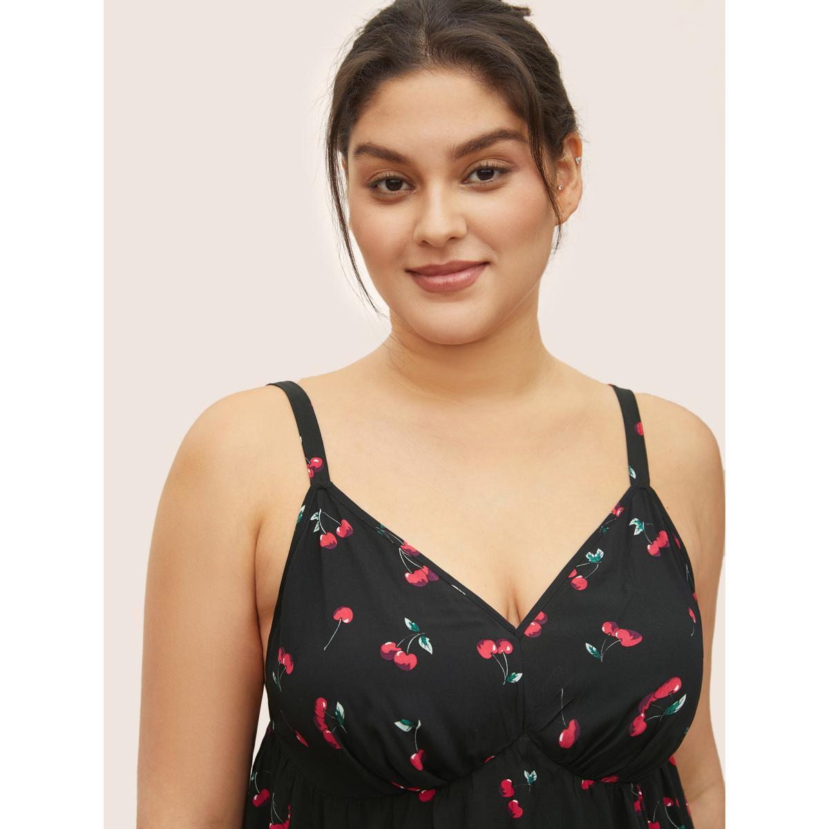 Plus Size Cherry Print Adjustable Straps Loungewear Set Women Black Contrast Sleeveless V-neck Lounge Loungewear Sets BloomChic 26/4X Product Image