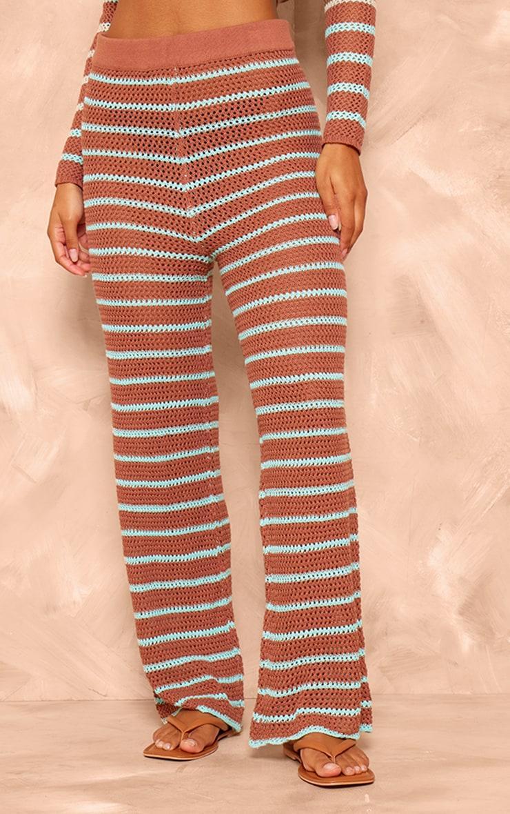 Mocha Stripe Crochet Knit Wide Leg Pants Product Image