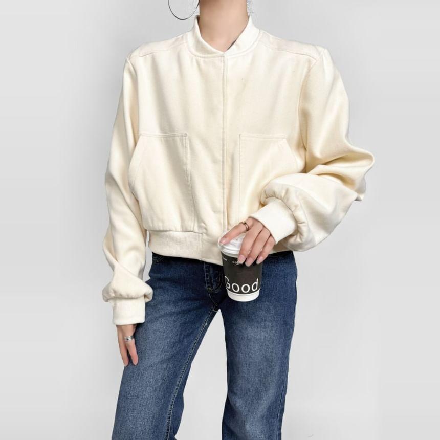 Stand Collar Plain Button-Up Crop Jacket Product Image