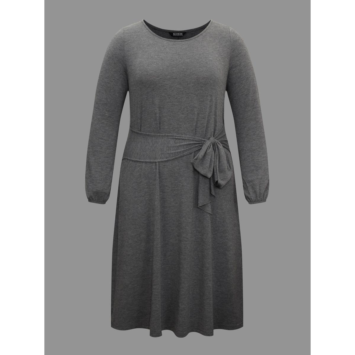 Plus Size Stretchy Waist-Tie Plain Knit Dress DimGray Women Casual Tie knot Knit Dresses Bloomchic 14-16/1X Product Image