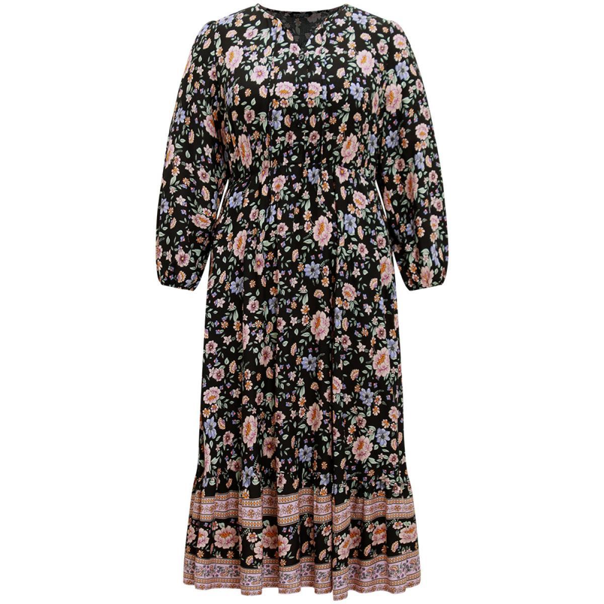 Plus Size Boho Print Lantern Sleeve Elastic Waist Dress Black Women Vacation Elastic cuffs V-neck Long Sleeve Curvy Midi Dress BloomChic 30/6X Product Image
