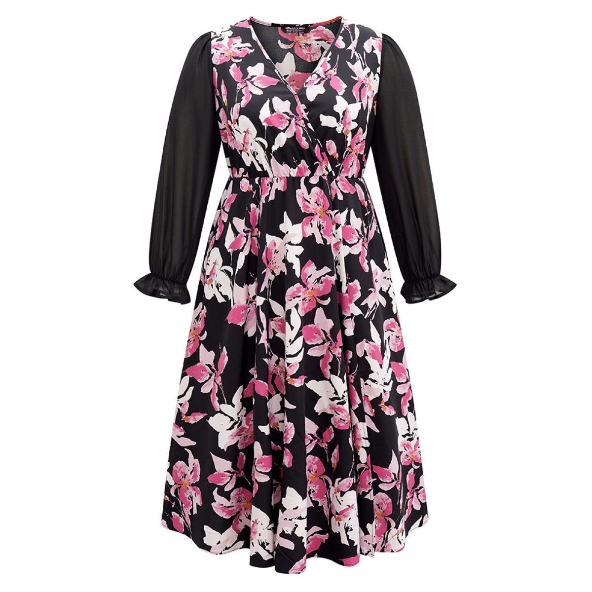 Plus Size Floral Contrast Wrap Chiffon Split Side Dress Black Women Office Wrap Overlap Collar Long Sleeve Curvy Midi Dress BloomChic 22-24/3X Product Image