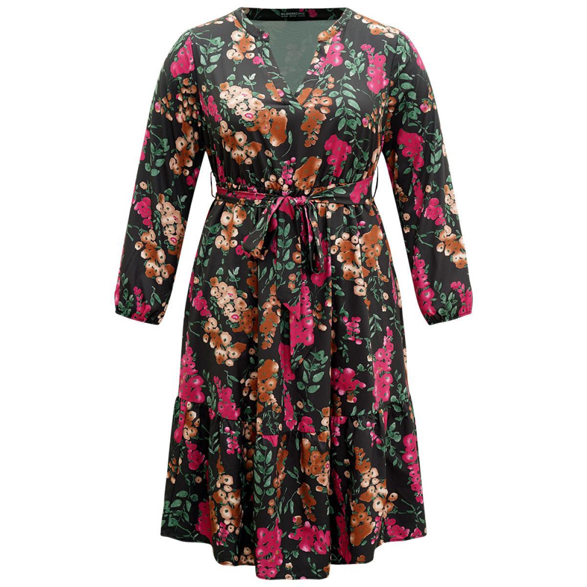 Plus Size Floral Print Belted Elastic Cuffs Dress Black Women Elegant Elastic cuffs Notched collar Long Sleeve Curvy Midi Dress BloomChic 10/M Product Image