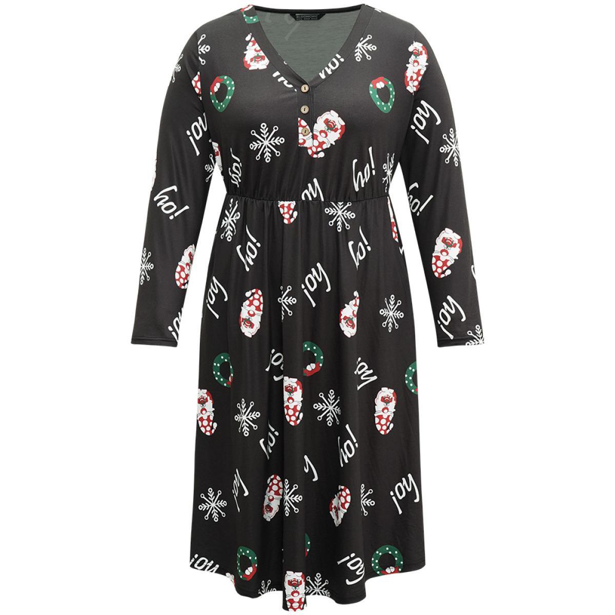 Plus Size Christmas Graphic Button Detail Dress Black Women Elegant Gathered V-neck Long Sleeve Curvy Midi Dress BloomChic 28/5X Product Image
