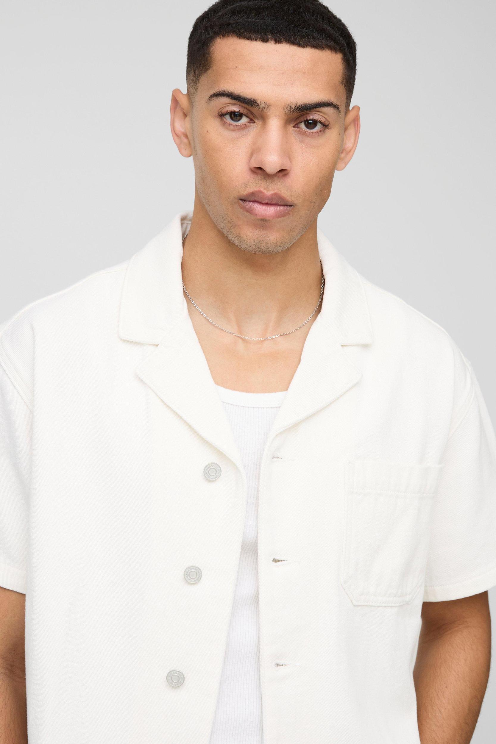 Short Sleeve Revere Boxy Fit Ecru Denim Shirt | boohooMAN USA Product Image
