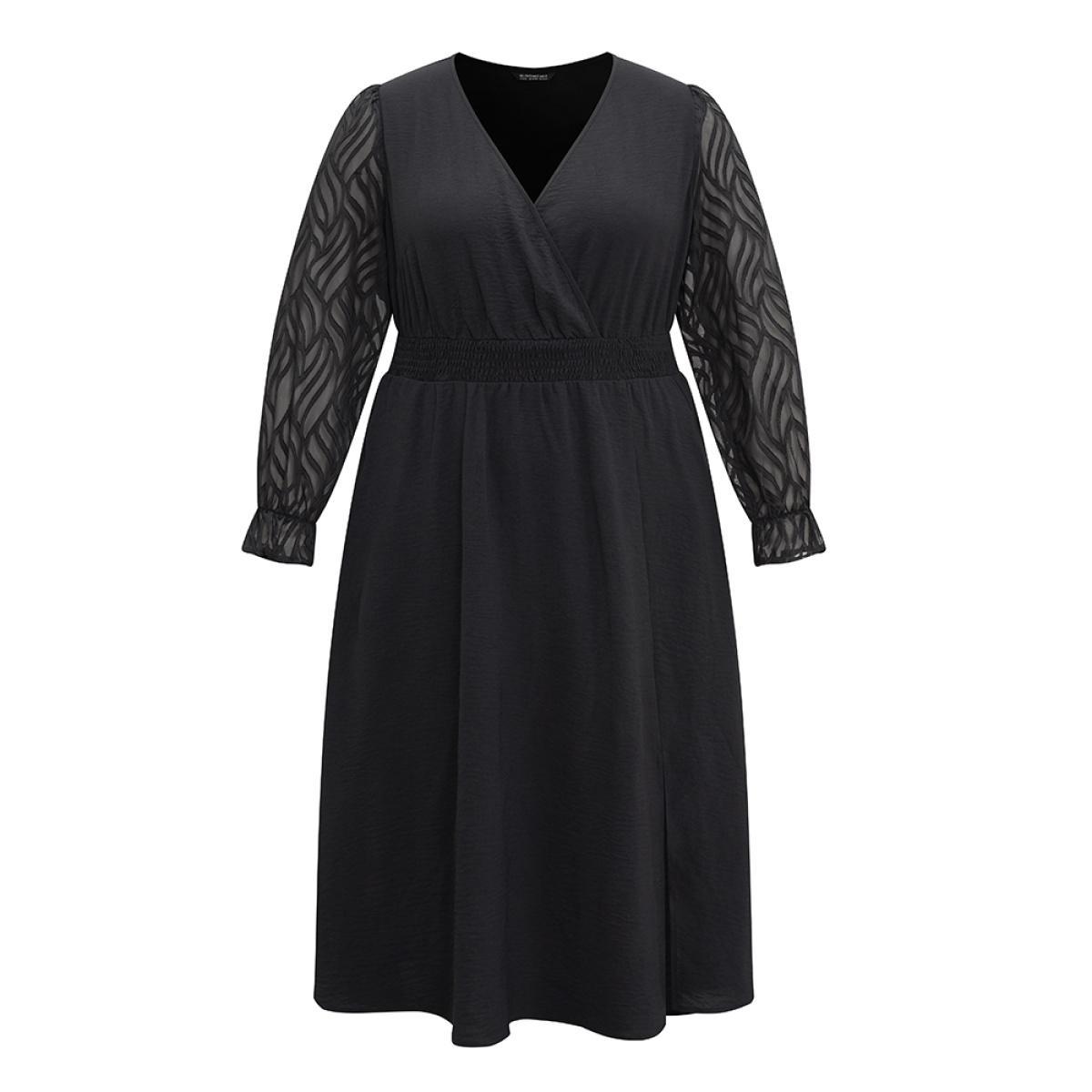 Plus Size Graphic Mesh Patchwork Pocket Split Side Dress Black Women Elegant Wrap Overlap Collar Long Sleeve Curvy Midi Dress BloomChic 18-20/2X Product Image