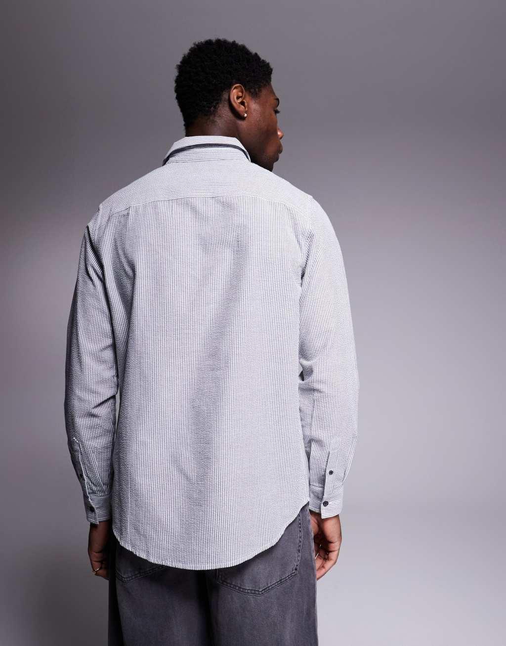 Armani Exchange striped logo shirt in white and navy Product Image