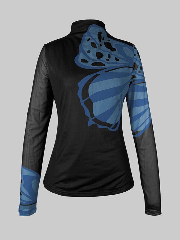 Long Sleeves Skinny Butterfly Print Split-Joint Mock Neck T-Shirts Tops Product Image