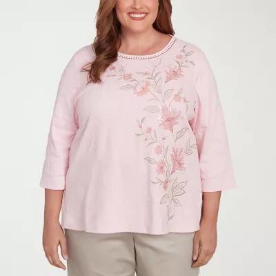 Alfred Dunner Coming Up Roses Womens Plus Crew Neck 3/4 Sleeve T-Shirt Product Image