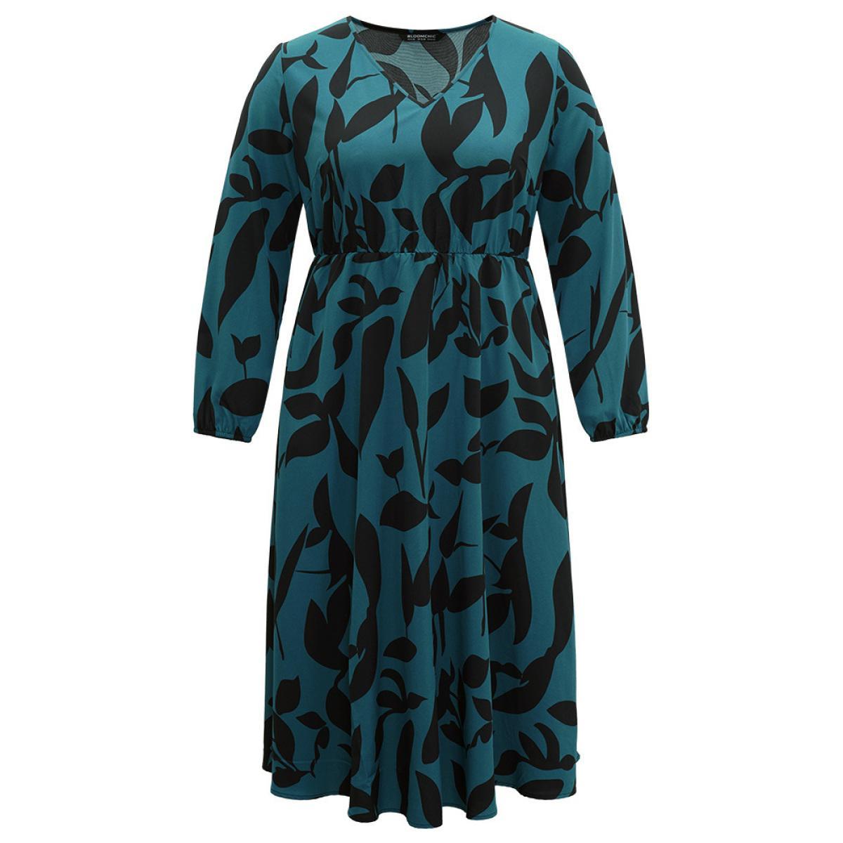 Plus Size Silhouette Floral Print Elastic Waist Lantern Sleeve Dress Aegean Women Elegant Elastic cuffs V-neck Long Sleeve Curvy Midi Dress BloomChic 30/6X Product Image