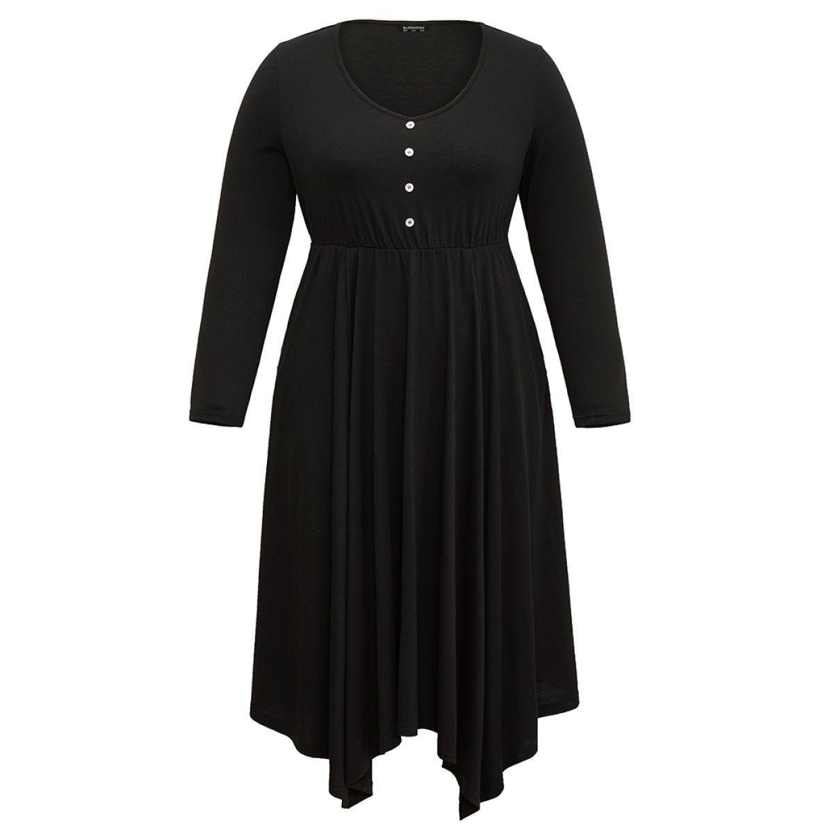 Plus Size Supersoft Essentials Button Detail Hanky Hem Scoop Neck Dress Black Women Office Gathered Scoop Neck Long Sleeve Curvy Midi Dress BloomChic 26/4X Product Image
