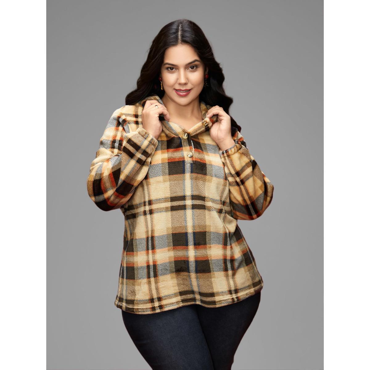Plus Size Fuzzy Pullover Plaid Hoodie Women Multicolor Casual Button Loose Hooded Everyday Sweatshirts BloomChic 14-16/1X Product Image