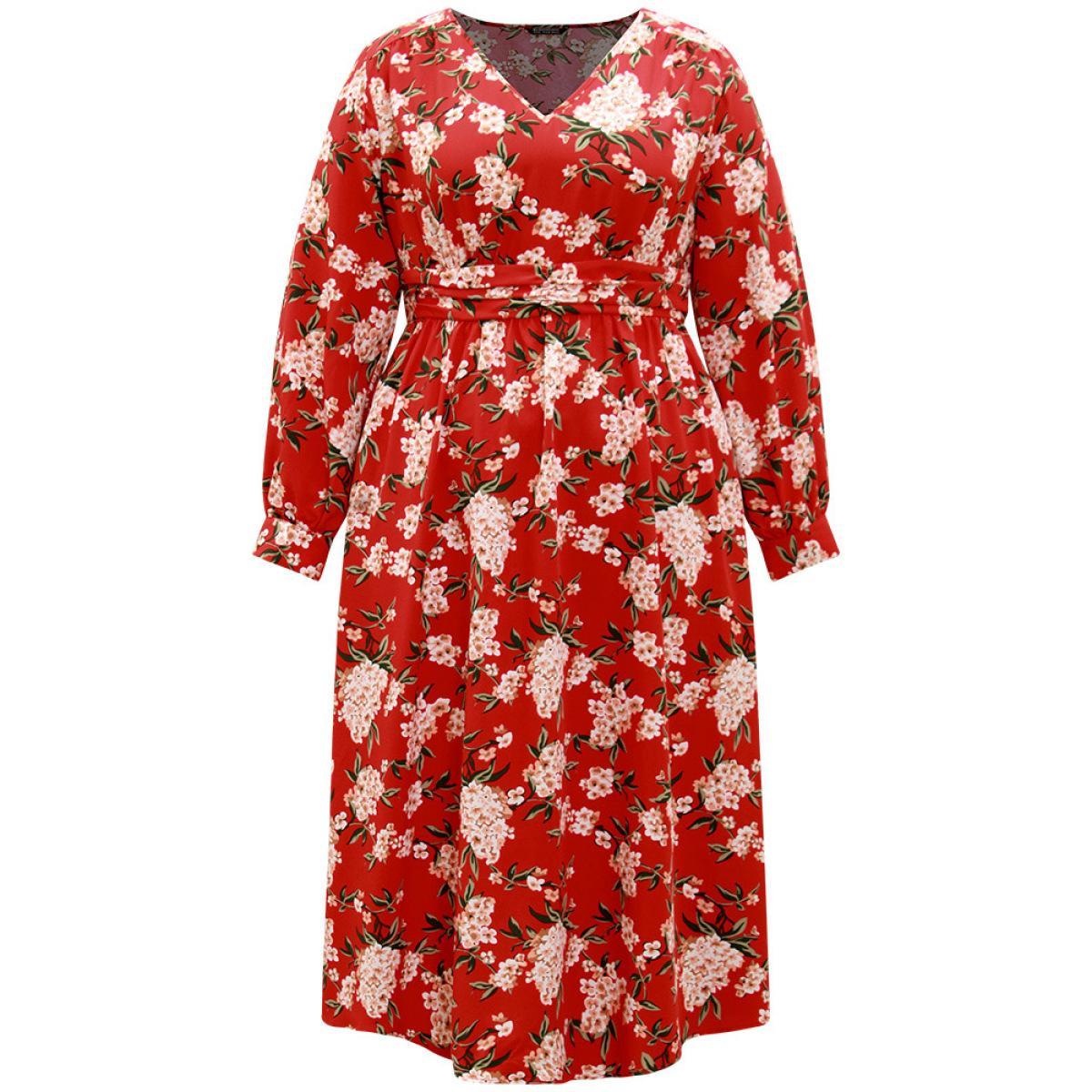 Plus Size Floral Print Ruched Pocket Pleated Dress Red Women Elegant Printed V-neck Long Sleeve Curvy Midi Dress BloomChic 18-20/2X Product Image