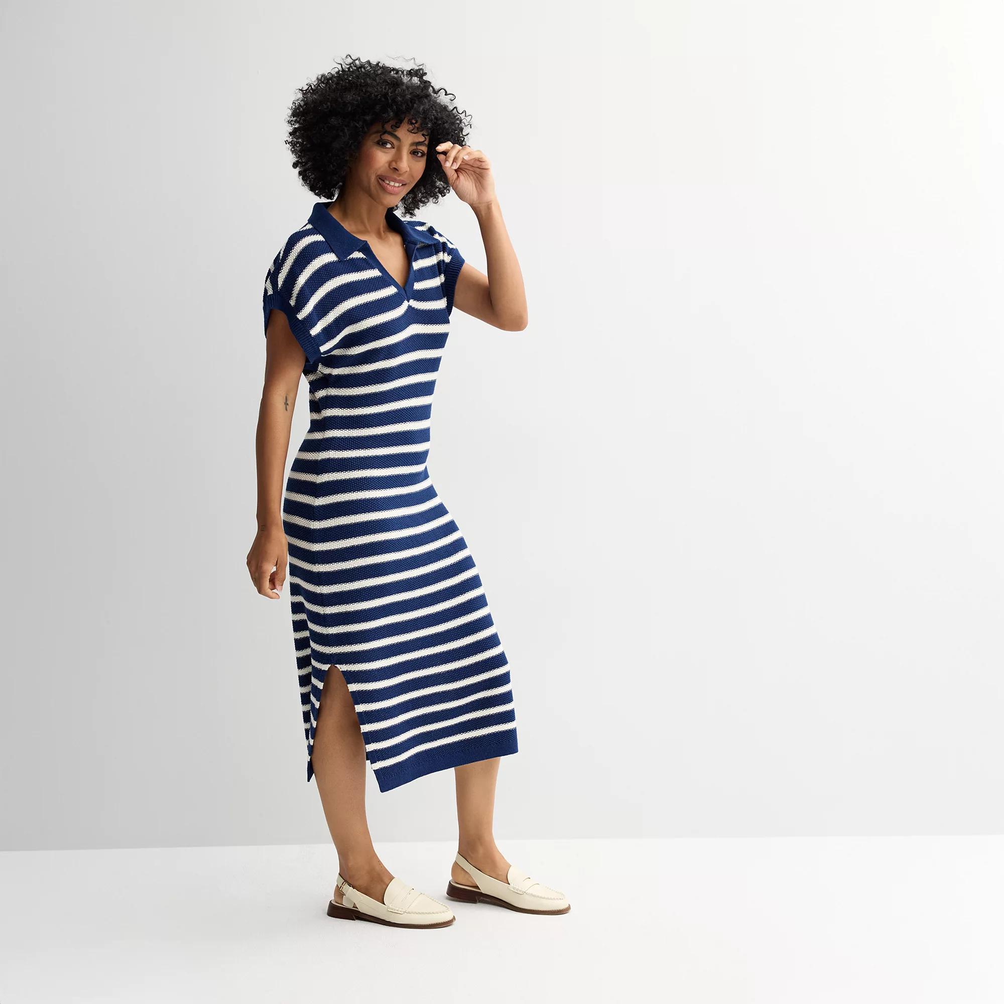 Petite Sonoma Goods For Life® Collared Sweater Dress, Women's, Size: Small Petite, Navy Beige Stripe Product Image